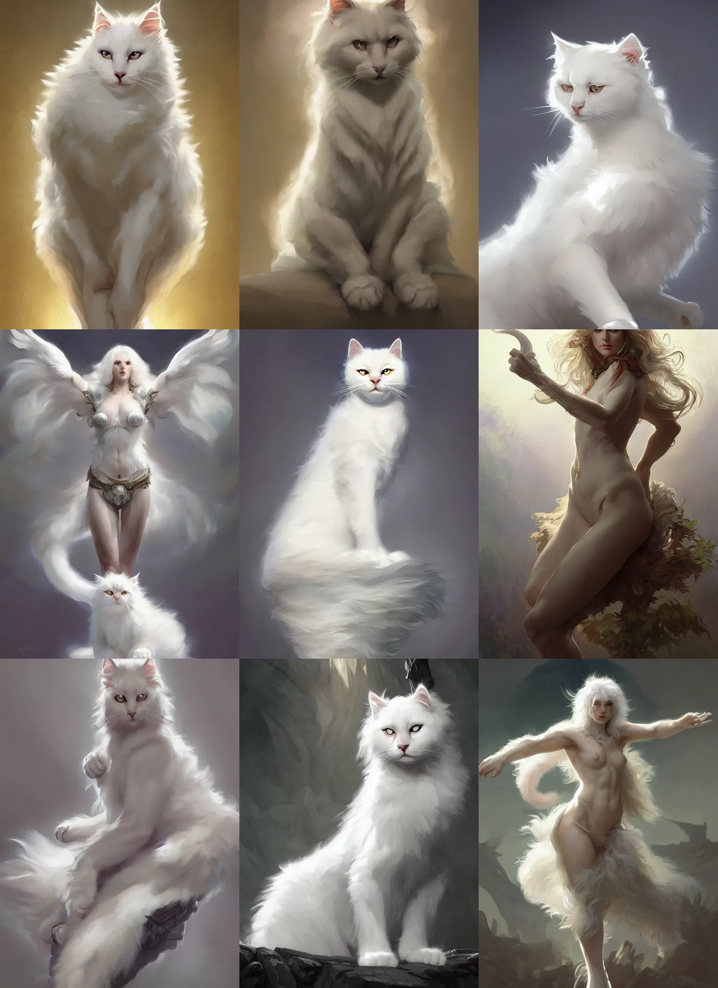 Prompt: portrait of a full body of young beautiful white fluffy cat, d & d, fantasy, arcane, flat lighting, intricate, muscular, highly detailed, digital painting, artstation, concept art, smooth, sharp focus, illustration, art by simon bisley and greg rutkowski and alphonse mucha, natural tpose