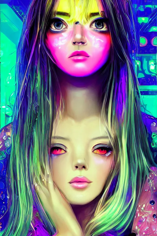 Image similar to An extremely beautiful neon-noir kawaii decora highly detailed HD portrait of a young attractive woman with a silky bio-luminiscent dress, neo-cyberpunk, professionally painted digital art illustration, smooth, sharp focus, atmospheric lighting, highly detailed illustration highlights, golden ratio, symmetrical facial features, extremely detailed winning award masterpiece, very coherent symmetrical artwork, sense of awe, 8K post-processing, trending on artstation flawless, prismatic highlights, telephoto, depth of field, cinematic, macro, concept art, wepa digital, elegant, epic, octane render, v-ray, C4D