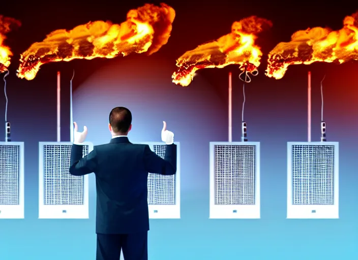 Prompt: A photo of a system administrator doing a thumb up to the camera in front on burning servers, servers in flames in the background, happy system administrator doing a thumb up, uncropped, full body