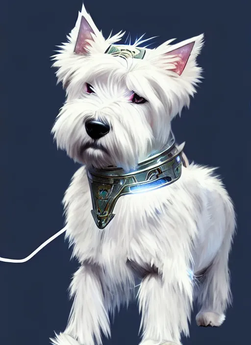 Image similar to a west highland white terrier, anime art style, wearing futuristic, led - lit armor, and a cannon mounted on his back, portrait, high detail, sharp focus, digital painting, artstation, concept art, art by hayao miyazaki and artgerm and greg rutkowski and alphonse mucha.