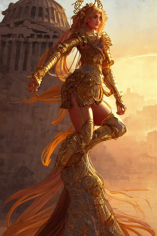 Prompt: portrait knights of zodiac girl, golden and copper shining armor, karate pose, in ruined agora of athens sunrise, ssci - fi and fantasy, intricate and very very beautiful and elegant, highly detailed, digital painting, artstation, concept art, smooth and sharp focus, illustration, art by tian zi and wlop and alphonse mucha