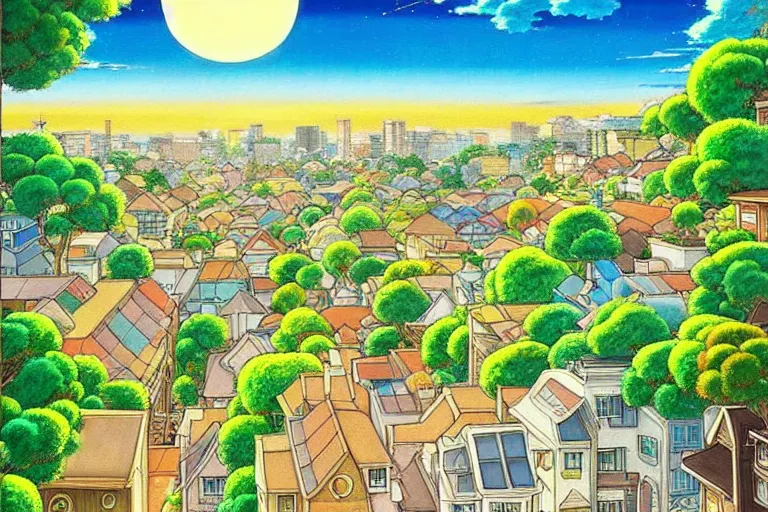 Image similar to an elaborate painting of a peaceful neighborhood, detailed, by studio ghibli!!!!!!!!!!! beautiful golden hour, anime, masterpiece