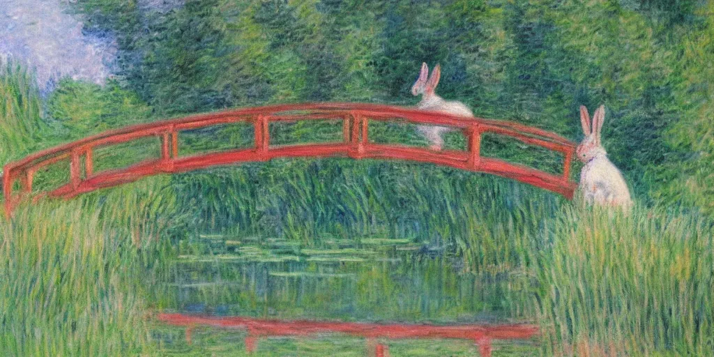 Image similar to a painting of a rabbit standing on a small wooden bridge, in the style of monet