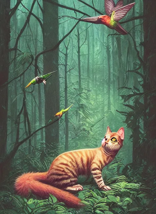 Image similar to a hyper realistic illustrated cat with playing with a hummingbird on its paw in the woods gorgeous lighting, lush forest foliage painting by chiara bautista and beksinski and norman rockwell and greg rutkowski weta studio, and lucasfilm