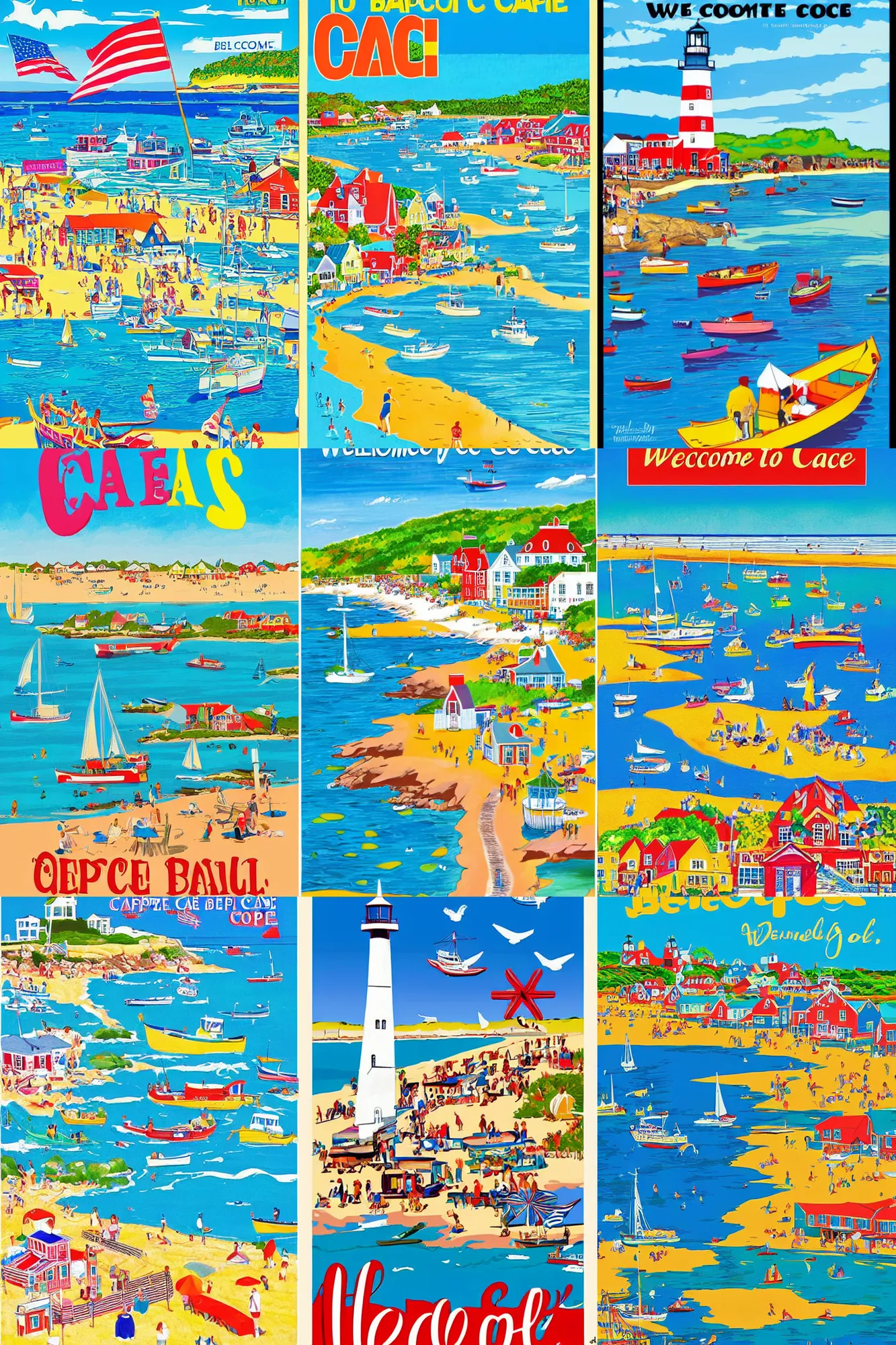 Prompt: welcome to beautiful cape cod! beaches, bars, beauty! vibrant tourism poster, colorful, cartoon