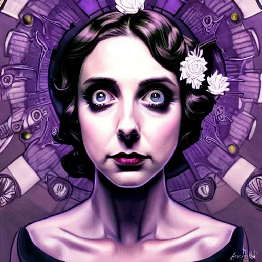 Image similar to beautiful alison brie magician, black magic spells, in the style of joshua middleton, creepy pose, bioshock, spooky, symmetrical face symmetrical eyes, three point lighting, detailed realistic eyes, aquapunk, insanely detailed and intricate elegant, artgerm, underwater home