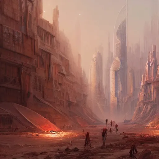 Prompt: a painting of a city on mars, humanitys last refuge, intricate, elegant, highly detailed, digital painting, artstation, concept art, smooth, sharp focus, illustration, art by artgerm and greg rutkowski