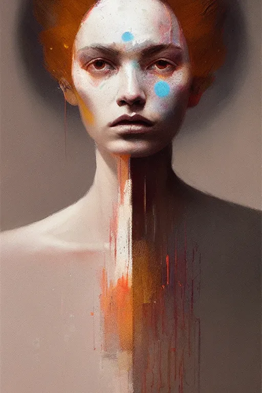 Image similar to of beautiful female, abstract beauty portrait, brush strokes by greg rutkowski, hilma af klint, moebius, victo ngai, sharp focus, global illumination, highly detailed, masterpiece, award winning, post processing