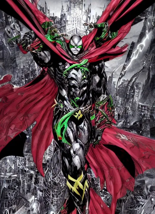 Image similar to Spawn from DC comics by Yoshitaka Amano, 4k, hyper detailed, trending on artstation