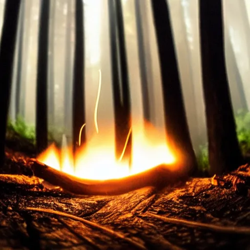 Image similar to photo of a candle tipped over and starting a forest fire, misty, low angle, artistic photo