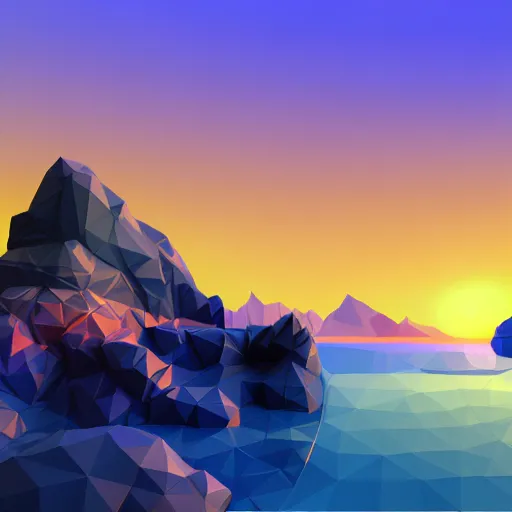 Image similar to super detailed color lowpoly art, northern sunset with rocks on front, monochrome photorealistic bay in the middle of perspective and mountains at background, big graphic vessel in the middle of composition, unreal engine, high contrast color palette, 3 d render, lowpoly, colorful, digital art, perspective, full volume composition, robb cobb, robert mccall, syd mead