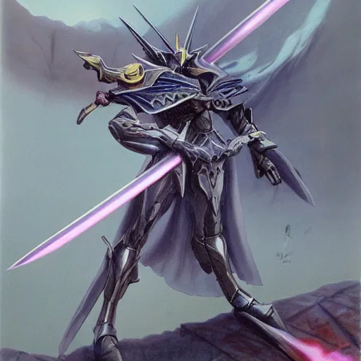 Prompt: concept art of omegamon, sword for left arm and a cannon for right arm, fantasy, valley, heavy fog, wayne barlowe