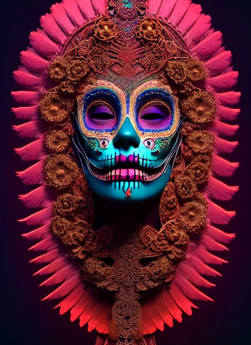 Prompt: 3 d mexican goddess profile portrait. beautiful intricate highly detailed day of the dead mask and feathers. low - key lighting, bioluminescent, plasma, lava, ice, water, wind, creature, quetzalcoatl, artwork by tooth wu and wlop and beeple and lee jeffries, 8 k trending on artstation,