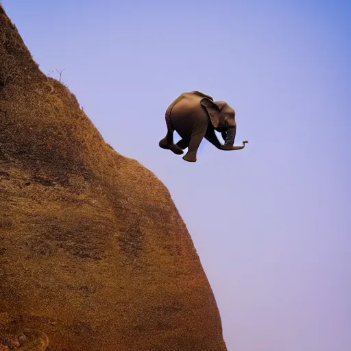 Prompt: photo of jumping elephant falling jumping off of mountain cliff, golden ratio, rule of thirds, award winning photo, nature photography