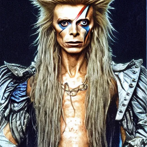 Image similar to David Bowie as the Goblin King from the movie Labyrinth (1986), intricate, highly detailed, fullbody, artstation, concept art, smooth, sharp focus, illustration, art by greg rutkowski and orientalism and bouguereau and Zdzislaw Beksinski, good clear quality, lighting, biology, symmetrical artwork, perfect face, 135 mm, cinematic, hyper realism, high detail, octane render, 8k, chrome accents