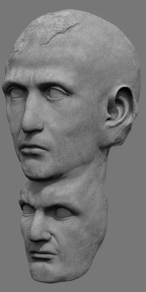 Image similar to 3d bust of a roman mans head floating, made of stone, mystical, fog, octane render, 4k