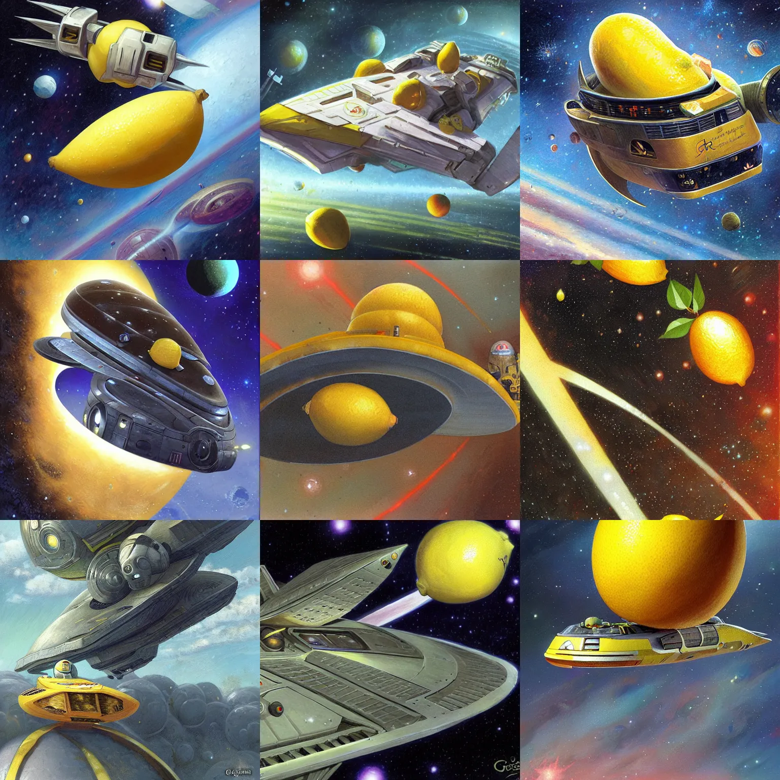 Prompt: lemon space cruiser, fruit lemon-shaped, in space by Greg Staples and Greg Rutkowski