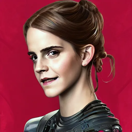 Image similar to portrait of Emma Watson as a Borg Drone, looking at camera, D&D, intricate, elegant, stylish, cute smile, mouth slightly open, fantasy, extremely detailed, digital painting, artstation, concept art, smooth, sharp focus, illustration, stunning lighting, art by artgerm and greg rutkowski and alphonse mucha and simon stalenhag, realistic character concept, high fantasy, light atmosphere, golden ratio, cinematic lighting, hyperdetailed, high resolution, insanely detailed and intricate, artstation, Marc Simonetti, Greg Rutkowski