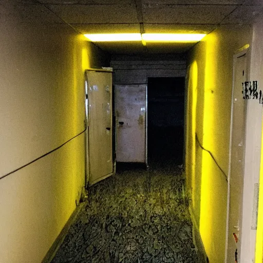 Prompt: Creepy creature in the backrooms, old moist carpet, mono-yellow, fluorescent lights, randomly segmented rooms, eerie