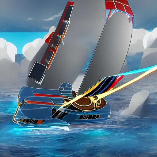 Prompt: Marvel!! comic style futuristic sailboat with solar sales and robot! captain!, digital art, 8k