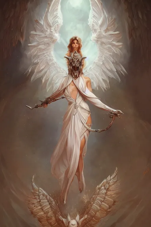 Image similar to full body portrait of a girl angel, wings, d & d, fantasy, intricate, elegant, highly detailed, digital painting, artstation, concept art, smooth, sharp focus, illustration, art by artgerm and greg rutkowski and peter mohrbacher