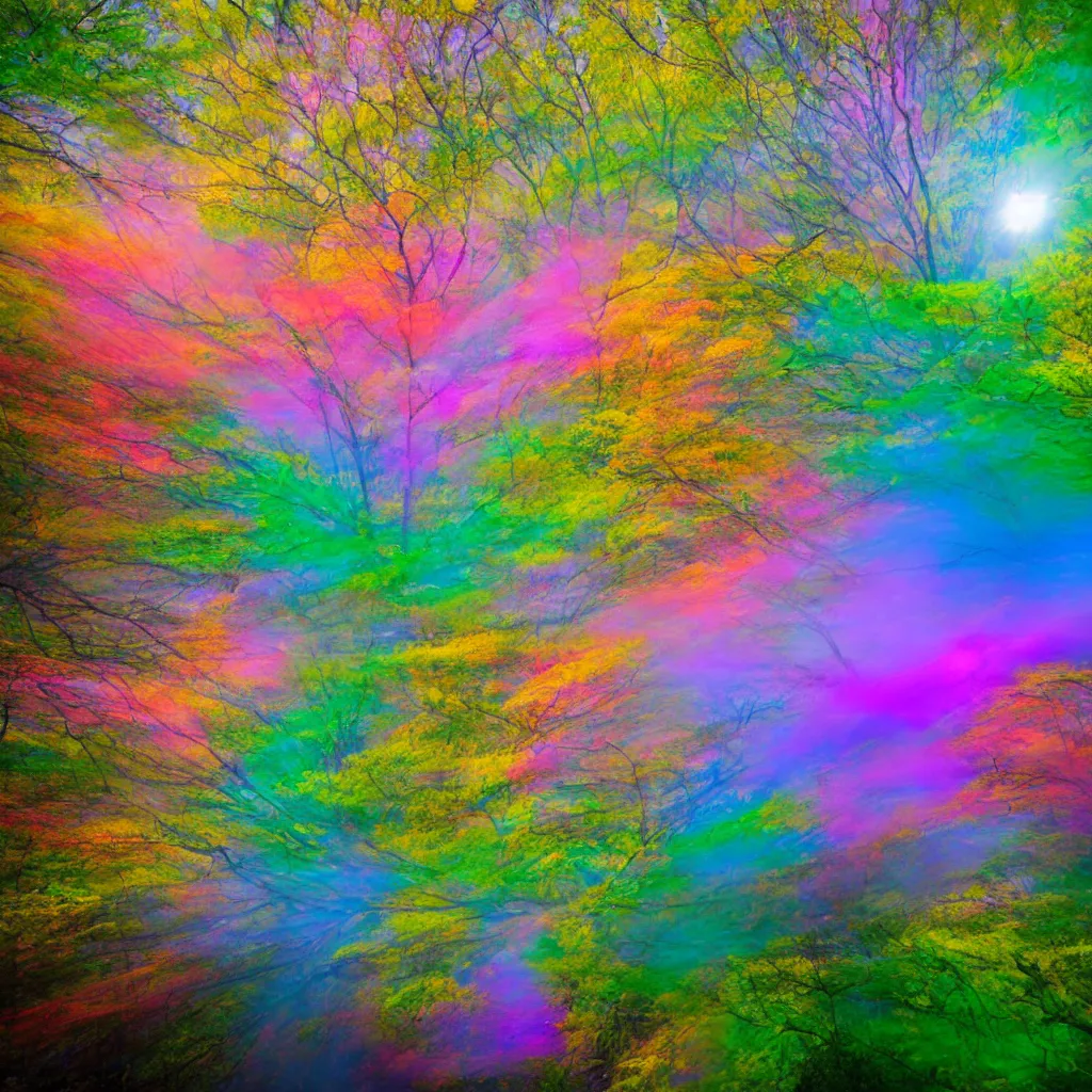 Image similar to a colourful long exposure photograph of many trees moving in a strong wind, back light, sony ar 7 ii, photographed by wolfgang tillmans