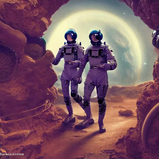 Image similar to astronaught soldiers exploring an alien world, 1 9 2 0's sci - fi, advanced technology deep aesthetic colors, 8 k, highly ornate intricate details, extreme detail,