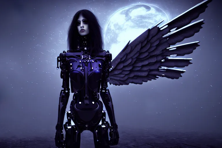 Image similar to gothic girl hybrid cyborg angel wearing cybor clothes shaping the universe, eerie, cinematic, epic, 8 k, ultra realistic, rendered by awesomeness. | nights falling wind is blowwing snow is pilling concept art. | backround of beautiful floweres