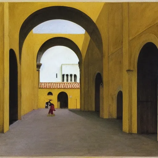 Image similar to in the distance, a little girl with short black hair and wearing a yellow coat alone in the inner courtyard of a cloister in an abbey, the light is bright and wintry, painting by hopper and de chirico