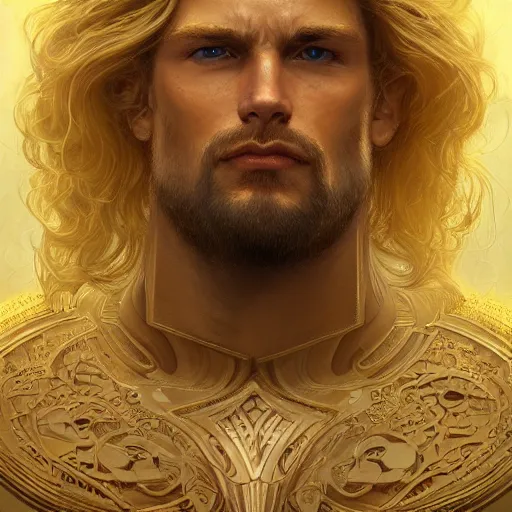 Prompt: heavily detailed man with a robustly adequate fit body and golden locks of hair digital art trending on artstation 4 k imagery cgsociety contest winner intricate detailed front view! symmetrical illustrated by gaston bussiere greg rutkowski