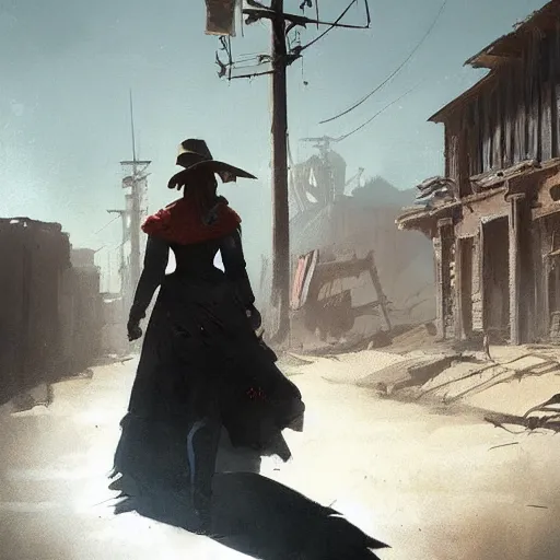 Prompt: old west concept art by greg rutkowski, high noon with supergirl walking through a desolate town with broken down shops and a saloon, enigmatic atmosphere, beautiful and cinematic lighting, artstation hq.