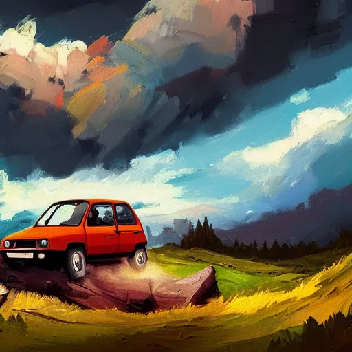 Image similar to fiat panda riding in mountains, dramatic light, impressionist painting, clouds, digital painting, artstation, simon stalenhag