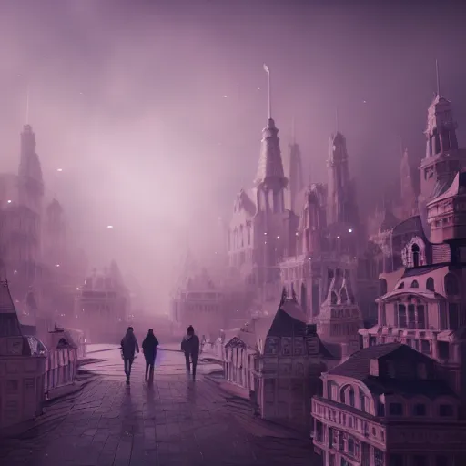 Image similar to magical ethereal city in the clouds with people walking around, highly detailed, 4k, HDR, award-winning, octane render, trending on artstation, volumetric lighting