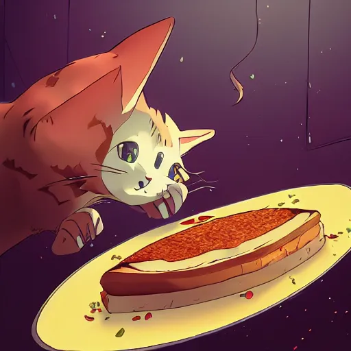 Prompt: a terrified cat running away from the giant carnivorous sandwich, artstation hq, dark phantasy, stylized, symmetry, modeled lighting, detailed, expressive, created by hayao miyazaki