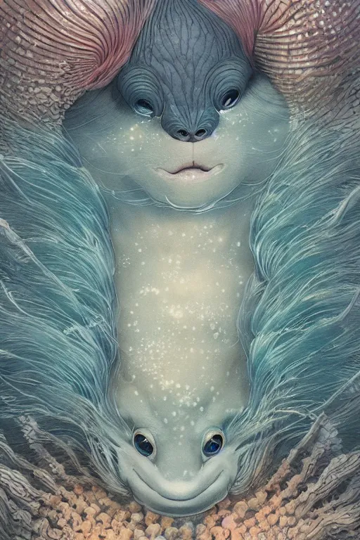 Prompt: a portrait of a japanese sea animal illustrated by miyazaki by karol bak, james jean, tom bagshaw, rococo, sharp focus, trending on artstation, cinematic lighting, hyper realism, octane render, 8 k, hyper detailed, vivid, ultra detailed, highly detailed