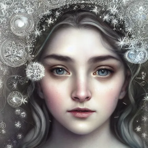 Image similar to Beautiful Delicate Detailed portrait of snow woman, With Magical grey eyes by Tom Bagshaw, Bastien Lecouffe Deharme, Erik Johansson, Amanda Sage, Alex Grey, Alphonse Mucha, Harry Clarke, Josephine Wall and Pino Daeni, Delicate winter frozen creature With long white windy Hair and Magical Sparkling Eyes, Magic Particles; Magic Swirls, 4K; 64 megapixels; 8K resolution concept art; detailed painting; digital illustration; hyperrealism; trending on Artstation; Unreal Engine Photorealistic, lifelike, Unreal Engine, sharp, sharpness, detailed, 8K