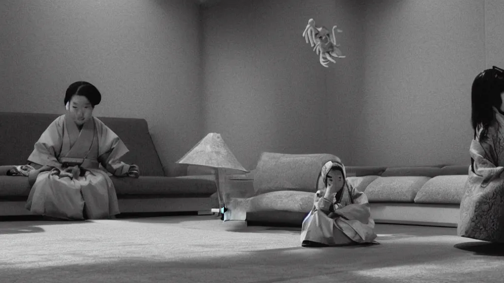 Prompt: woman in hanbok sitting on a couch, starfish monster's shadow is seen behind her, korean interior, kaiju - eiga monster movie by denis villeneuve, cinematography by akira kurosawa and ishiro honda