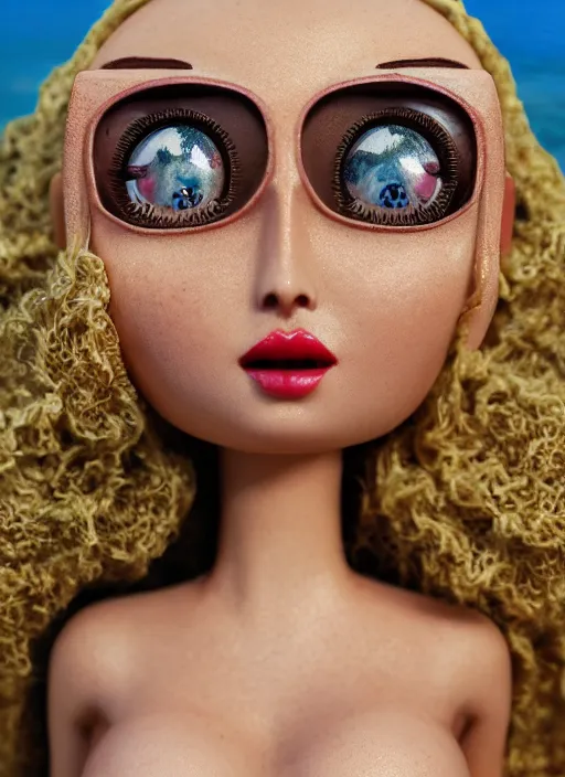 Image similar to closeup profile portrait of tin toy bikini girl beach, depth of field, zeiss lens, detailed, symmetrical, centered, fashion photoshoot, by nicoletta ceccoli, mark ryden, lostfish, breathtaking, 8 k resolution, extremely detailed, beautiful, establishing shot, artistic, hyperrealistic, octane render