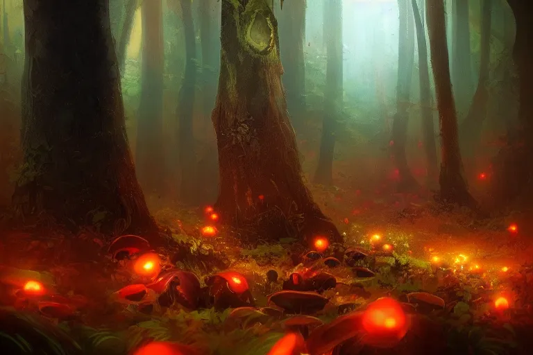 Image similar to Night forest with mushrooms of different sizes glowing with different colors, by greg rutkowski, trending on artstation