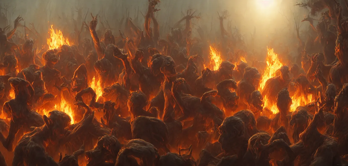 Image similar to oil matte painting, closeup portrait of ugly creepy goblins dancing around a bonfire at ba rave cheering dancing beautiful cinematic light deep focus, elegant, digital painting, smooth, sharp focus, golden ratio, dramatic illumination, ultra realistic, 8 k, art by greg rutkowski wlop rossdraws