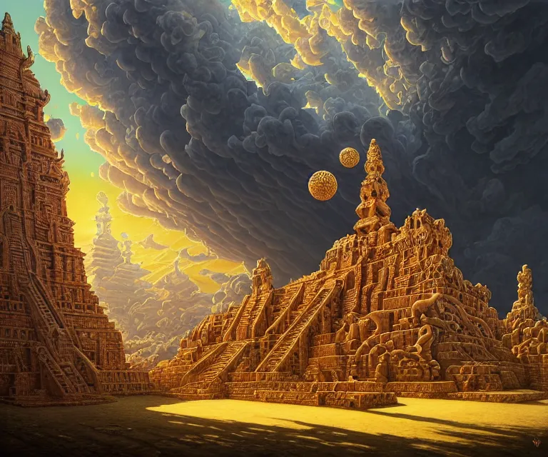 Image similar to hyper detailed 3d render like a Oil painting - ornate temple of the sun, dramatic sky in background, radiant, by Jacek Yerka, Mariusz Lewandowski, Houdini algorithmic generative render, Abstract brush strokes, Masterpiece, Edward Hopper and James Gilleard, Zdzislaw Beksinski, Mark Ryden, Wolfgang Lettl, hints of Yayoi Kasuma, octane render, 8k