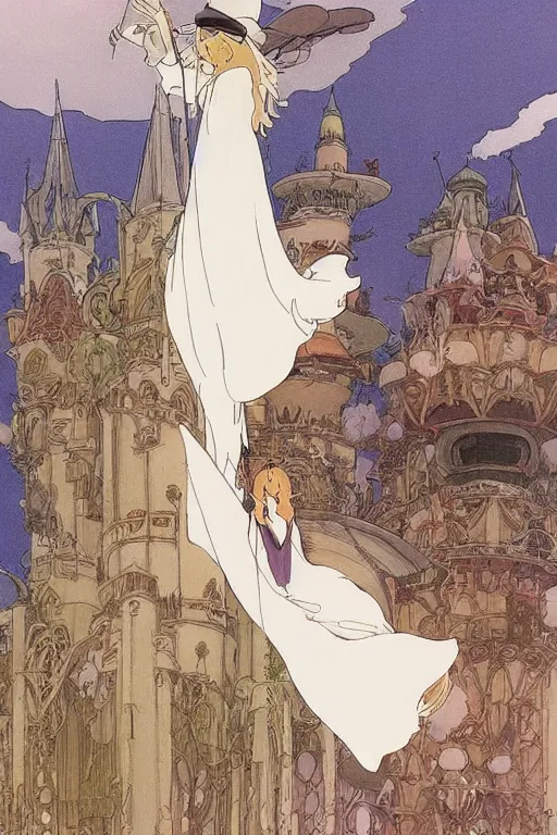 Prompt: A pure white witch wearing a giant hat flies through the skies of a fantasy medieval city on a broomstick by studio ghibli and mucha