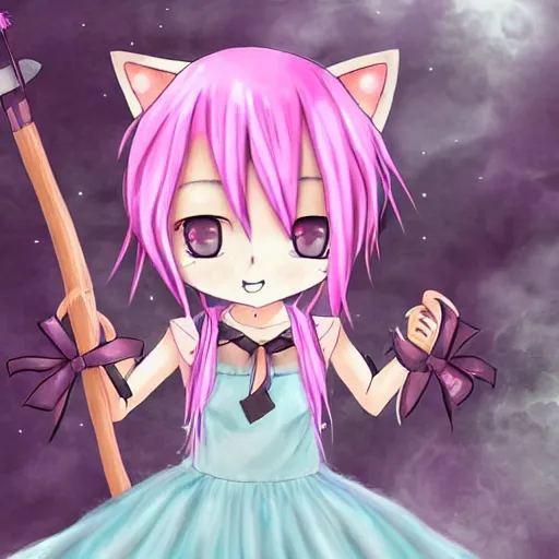 Image similar to pink hair anime cat girl, high quality digital art, video game character, frilly cloth dress, holding a wooden staff