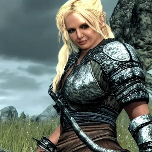 Prompt: Britney Spears fights a dragon in Skyrim