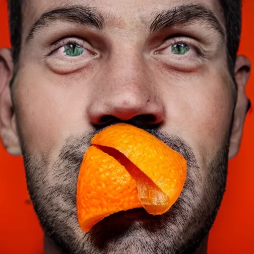 Prompt: man with orange peel as face