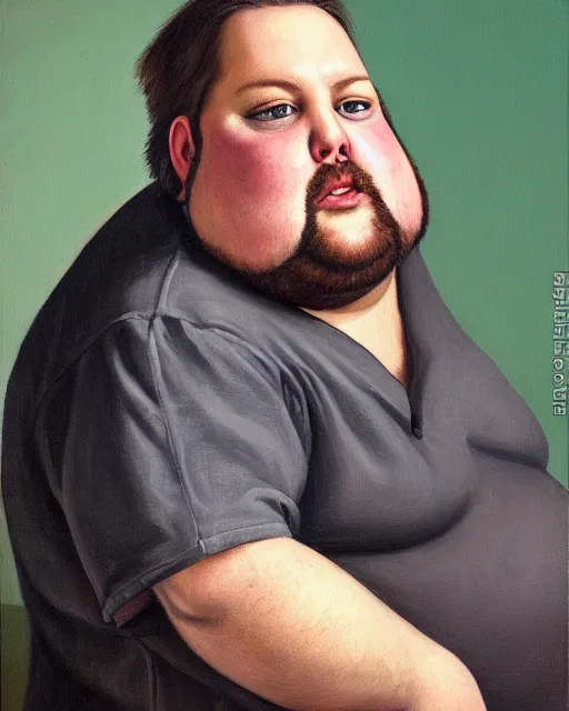 Prompt: a portrait of a goofy looking man with short brown hair and green eyes, wide face, strong jawline, slightly overweight, fat, long hair, greasy hair, neckbeard, nerdy, attractive, button - up shirt, handsome and attractive, masculine features, oil on canvas, very detailed oil painting, painting in the style of hyperrealism