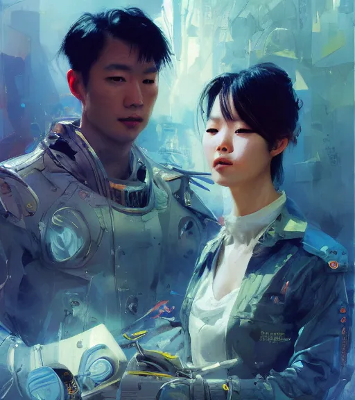 Prompt: Lee Jin-Eun by John Berkey and Peter Mohrbacher, rule of thirds, seductive look, beautiful, in intergalactic hq