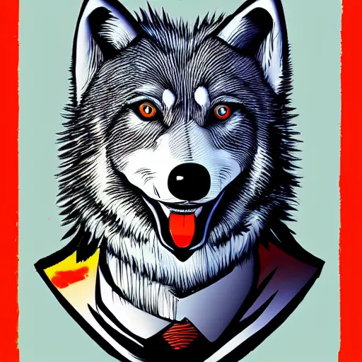 Image similar to portrait of retarded wolf, propaganda style, vivid colors, detailed