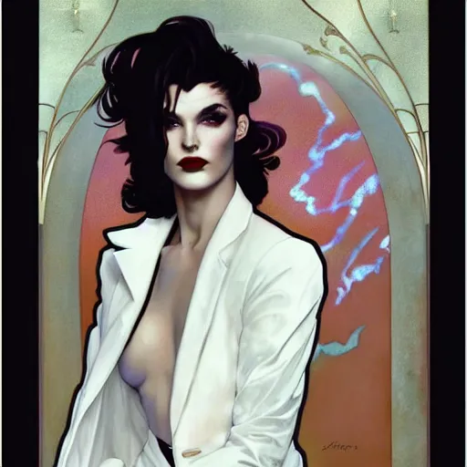Image similar to beautiful portrait of androgynous ruby rose as desire from sandman in a white tuxedo!!!, rockabilly style, art deco, by alphonse mucha, cedric peyravernay, by jeremy mann, by frank moth, white suit and black tie, soft lightning, high detailed, 8 k