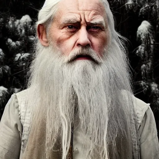 Image similar to shorter in stature than the other two ; but his long white hair, his sweeping silver beard, and his broad shoulders, made him look like some wise king of ancient legend. in his aged face under great snowy brows his eyes were set like coals that could suddenly burst into fire